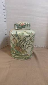 lot 1031 image: Porcelain Lidded Temple Jar with Birds and Lotus Design 9 inches tall
