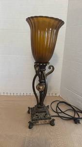 lot 1037 image: Decorative Torchiere Table Lamp with Amber Glass Shade 18 inches tall