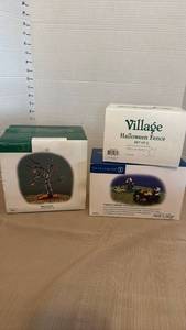 lot 1046 image: Department 56 Halloween Village Accessories Set - Spooky Tree, Halloween Fence & Preparing For Halloween