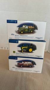 lot 1059 image: Department 56 Classic Cars Village Accessories Set of 3 - 1950 Ford F-1 Pickup John Deere, 1958 John Deere 730 Diesel Tractor & 1949 Ford Woody Wagon