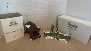 lot 1078 image: Department 56 Heritage Village Red Covered Bridge & Village Mill Creek Curved Section Set