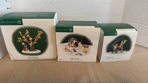 lot 1093 image: Department 56 Village Accessories Set of 3 - Up In The Apple Tree, Village Cats and Dogs, The Perfect Tree