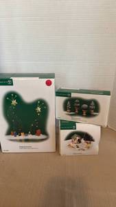 lot 1095 image: Department 56 Village Accessories Bundle - Green Glitter Sisal Trees, Holly Topiaries & Village Cats and Dogs