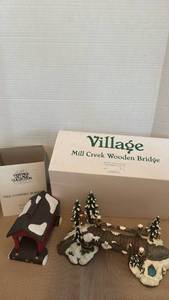 lot 1099 image: Department 56 Village Mill Creek Wooden Bridge & Heritage Village Red Covered Bridge Set