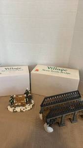 lot 1102 image: Department 56 Village Stone Trestle Bridge & Mill Creek Park Bench Set