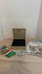 lot 1181 image: Mixed Lot Cash Box, Myers Chevrolet Advertising Ashtray, Art Prints, and Office Supplies