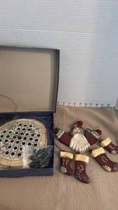 lot 1194 image: History Craft Scrimshaw Marble Solitaire Game with Santa NOEL Christmas Ornament Set