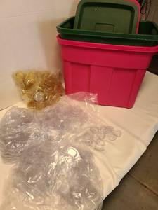 lot 3301 image: 2 Rubbermaid Roughneck totes with lids and Beanie Babies plastic tag covers
