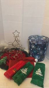 lot 7000 image: Christmas Holiday Decor Bundle with Towels, Candle Tree, Tin and more