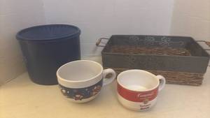 lot 7004 image: Soup Mugs, Wicker Metal Basket & Tupperware Canister