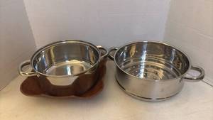 lot 7010 image: Stainless Steel Pot with Steamer Insert and Wood Serving Bowl Set