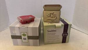 lot 7032 image: Scentsy Sandstone Element Wax Warmer & Etched Copper Warmer Bundle with Wax Bar