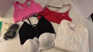 lot 7062 image: Girls Sports Bras M, Hair Accessories and White Tee S