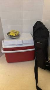 lot 7085 image: Rubbermaid Cooler, T-Bags Backpack & Nudie Beach Milford Lake KS Koozies Set