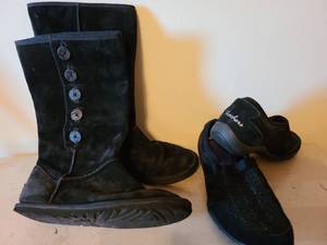 lot 7089 image: Ugg black suede boots and Skechers slip-ons, both size 8