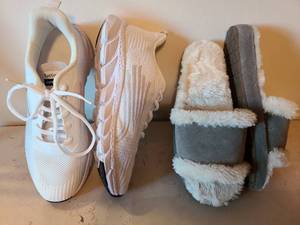 lot 7090 image: Ladies white sneakers and Minnetonka slippers, both size 8.5