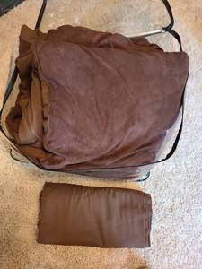 lot 7117 image: Brown queen size reversible comforter and dust ruffle