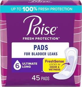 lot 231482 image: Poise Incontinence Pads & Postpartum Incontinence Pads, 6 Drop Ultimate Absorbency, Long Length, 45 Count, Packaging May Vary