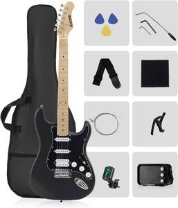 lot 131355 image: Retails for $130 RVONE RST-150 39 Beginner Electric Guitar Kit with Amp & HSS Pickups  Complete Starter Set for Newcomers wEssentials  Gig Bag, Extra Strings, Digital Tuner, Capo, Strap  Home Practice (Black)
