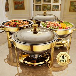 lot 131361 image: Retails for $150 Chafing Dishes for Buffet, 4 Pack 5QT Round Stainless Steel Chafing Dish Set for Home Parties, Christmas Gatherings, Catering Events Complete Buffet Warmer Set (Golden 4)