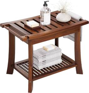lot 131369 image: Retails for $109 Teak Shower Bench, 23.6 Inch Teak Shower Stool 300lbs Wood Shower Chair Seat with Storage Shelf Towel Rack for Bathroom Indoor and Outdoor Use