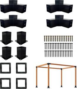 lot 131381 image: Pergola Kit with 3-Way Brackets for 4x 4 (Actual 3.6 X 3.6) Lumber, Heavy Duty Iron Pergola Bracket Suitable for Pergolas, Gazebos Includes Metal Base, Screws