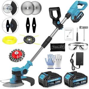 lot 131396 image: Retails for $120 Electric Weed Wacker Cordless, with 2 X 21V 3.0Ah Battery Powered, 4 in 1Cordless Weed Eater & Brush Cutter with 4 Types Cutting Blades for Lawn Yard Garden