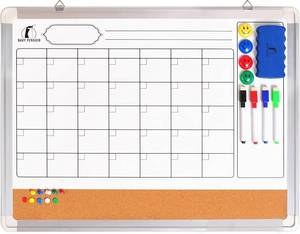 lot 131405 image: Dry Erase Calendar for Wall - Whiteboard Calendar with Cork Board 24 x 18 in - Monthly White Board Planner Magnetic with Eraser, 4 Markers, 4 Magnets & Push Pins - Large Organizer for Home and Office