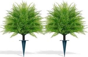 lot 231513 image: Grooy Artificial Fern Topiary Ball with Ground Spike, Set of 2 Faux Boston Fern Plants Shrub, Fake UV Resistant Evergreen Bushes for Porch Garden Indoor Outdoor Decor