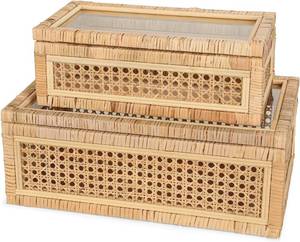 lot 231526 image: Large Handwoven Boho Rattan Display Boxes with Glass Lids - Set of 2 Rectangular Decorative Storage Bins - Natural Woven Cane Home Decor Organizers (15.55 x 9.64 x 5.9 & 12.48 x 6.88 x 4.52)