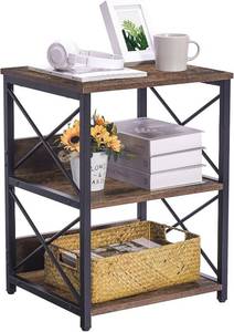 lot 231543 image: Giikin End Table, Nightstand with 3-Tier Storage Shelf, Side Table with Storage and X-Shaped Steel Frame for Living Room, Bedroom, Farmhouse Style, Industrial, Rustic Brown
