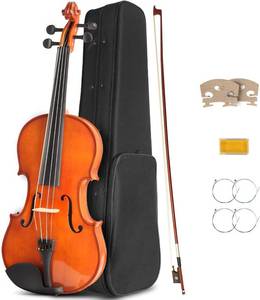 lot 331229 image: Acoustic Violin, 14 Violin Starter Kit for Beginners, Natural Varnish Fiddle Stringed Musical Instrument with Case, Bow, Bridge, Extra Strings