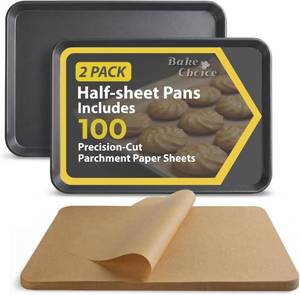 lot 331241 image: Bake Choice 2 Pack Half Sheet Pans 18x13 In with 100 Pcs Parchment Paper, Heavy Duty Carbon Steel, Warp Resistant Nonstick Baking Sheet, Commercial Grade Cookie Sheets for Oven Baking Roasting