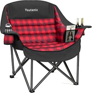 lot 431353 image: Youtanic Oversized Extra Large Padded Camping Chair, Heavy Duty 400 lbs Foldable Lawn Chair, Ergonomic Outdoor Seat with Plaid Design, Cup Holders & Storage Pockets for Fishing, Sports, Red-Black