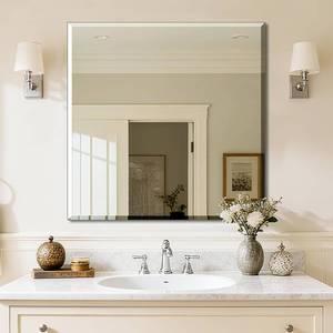 lot 431376 image: Ruomeng Frameless Mirror for Wall, 30x30 Inch Bathroom Vanity Mirror Farmhouse, Rectangle Mirror with Beveled Edge, Tempered Glass, Hangs Horizontally or Vertically