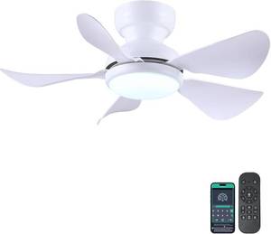 lot 152079 image: Kviflon 32 Inch Modern Ceiling Fans with Lights, Small Flush Mount Ceiling Fan with Light and RemoteAPP Control, 5 Reversible 6 Speeds Curved Blades, 3 CCT Dimmable Lights for Kids Room, White