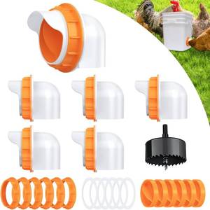 lot 142191 image: Chicken Feeder Port, 6 Pack Chicken Feeders No Waste with 6 Lids 1 Drill Bit, DIY Automatic Poultry Feeder Cups Kit, Chicken Bucket Feeder for Barrels ((Orange)