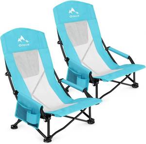 lot 142215 image: Oileus Folding Portable Beach Chair, High-Back Low-Seat Lightweight Chair for Beach Tents, Shelters, and Camping, Full Mesh Backrest  Cup Holder  Storage Bag  Carrying Bag  2 Armrests