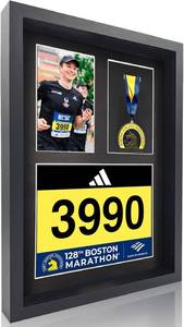 lot 142216 image: 3-in-1 Shadow Box Display with Real Glass (Medal, Race Bibs, and Photo Display)   Marathon Medal Display and Frame, Triathlon & Running Bib Holder, Wall-Mounted, Real Tempered Glass - Black