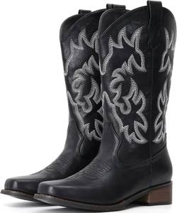 lot 342105 image: IUV Cowboy Boots For Women Square Toe Black Wide Cowgirl Mid Calf Western Pull On Fashion Brown Cowboy Boots