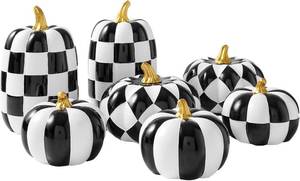 lot 442041 image: WDS WONDROUS 4PCS Decorative Pumpkins Black and White Halloween & Fall Decor Thanksgiving - Faux Checkered Pumpkins Table Centerpieces - Modern Resin Pumpkin Decorations for Farmhouse