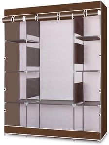 lot 442043 image: Portable Closet Wardrobe, 67 Closet Storage Organizer Rack with Shelves and Cover for Hanging Clothes, Non-Woven Fabric, Quick and Easy to Assembly (Coffee)