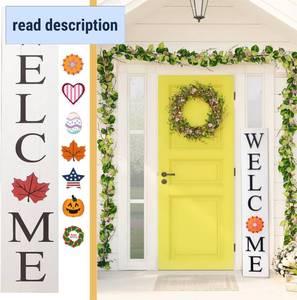 lot 242110 image: Extra Large 5FT Premium Wooden Interchangeable Welcome Sign for Front Door Porch Sign - 5 ft (58 x 11 Inch) 8 Magnetic Seasonal Tiles, Fall Porch Signs, Holidays and Seasons, Weather Resistance Standing welcome sign Outdoor and Indoor (White)