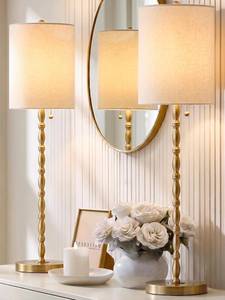 lot 152117 image: Buffet Lamps Set of 2, 28.5 Tall Brass Finish Lamps for Entryway, Hallway, Console Table, Dining Sideboard or Living Room, UL Certified with Pull Chain, Linen Shade, Urban Luxury Style
