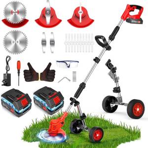 lot 152128 image: Retails for $110 Electric Weed Wacker Cordless with Wheel, 4 in 1 Weed Eater Battery Powered Brush Cutter String Trimmer Edger, 4000mAh Stringless Weed Trimmer Lightweight Grass Trimmer Mower, 2 Battery and Charegr