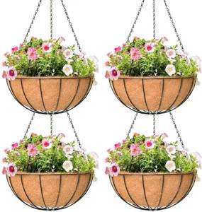 lot 152137 image: 4 Pack 16 Inch Hanging Planters Outdoor Metal Hanging Flower Baskets with Coco Fiber Liners Chain Round Wire Plant Holder Hanging Flower Pots (Watermelon)