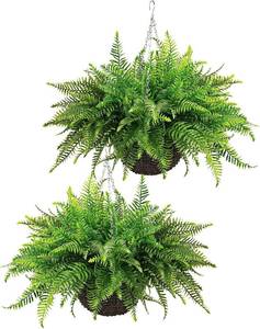 lot 152149 image: Outdoor Fake Hanging Fern   Artificial Hanging Ferns 2 Pack, Large Faux Boston Fern Bushes, UV Resistant Outdoor Hanging Plants for Front Porch, Patio & Indoor Decor
