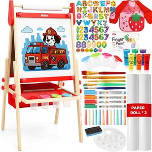 lot 251576 image: Belleur All-in-One Art Easel for Kids, Adjustable Double Sided Easel for Toddlers with Magnetic Whiteboard & Dry-Erase Chalk Board & Paper Roll, Child Painting Easel for Kid 2-8 Birthday Gift - Red