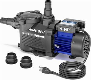 lot 251597 image: Retails for $139 AQUASTRONG 1 HP Above Ground Pool Pump, Single Speed, 1.25&1.5adapter, 115V, 4945GPH, High Flow, Powerful Self Primming Swimming Pool Pumps with Filter Basket