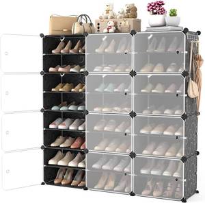 lot 251603 image: Portable Shoe Rack Organizer with Door, 48 Pairs Shoe Storage Cabinet Easy Assembly, Plastic Adjustable Shoe Organizer Stackable Detachable Free Standing Shoe Rack DIY Expandable 8 Tier Black